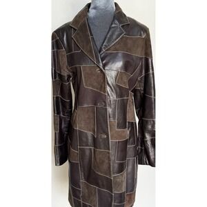 Patchwork Leather Coat M Brown Black Long Jacket Western Boho Y2K 90s Colorblock